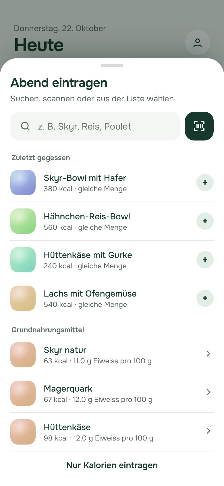 Mahlzeit eintragen mit Suche und Strichcode