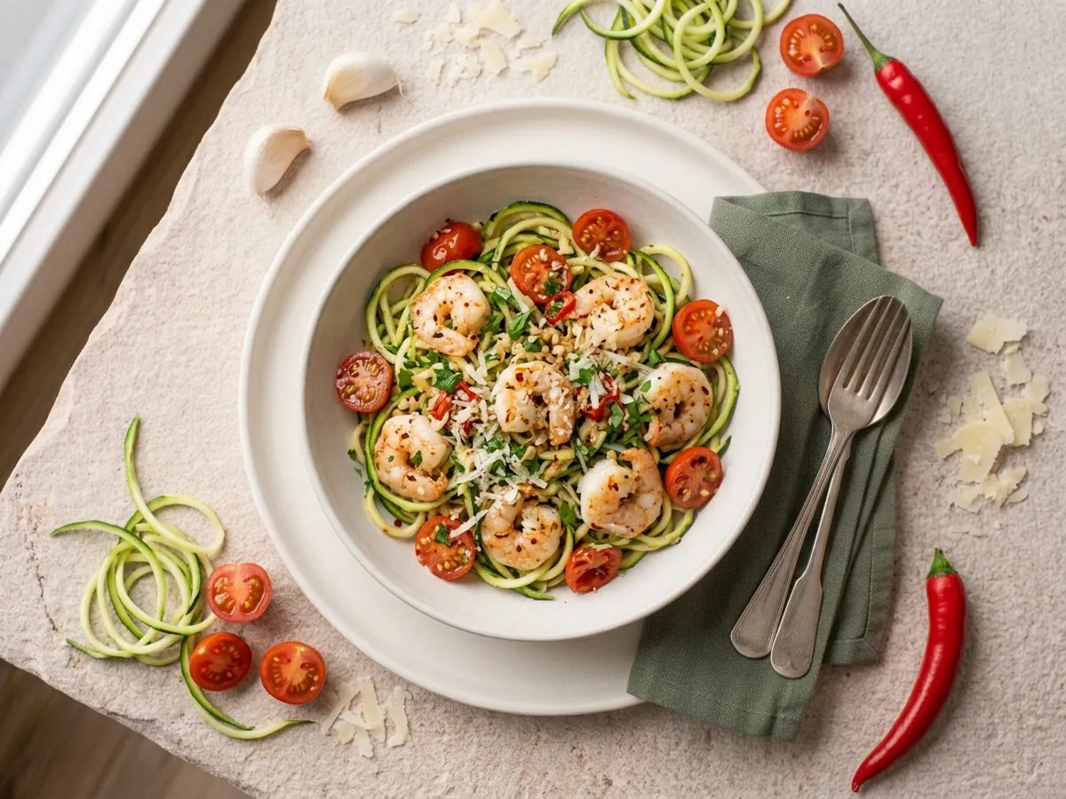 Garnelen mit Zucchini-Nudeln, Knoblauch und Chili