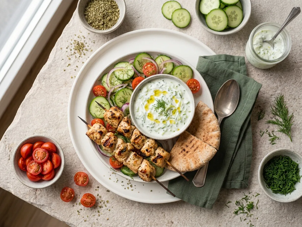 Hähnchen-Souvlaki mit Tzatziki und Gurkensalat