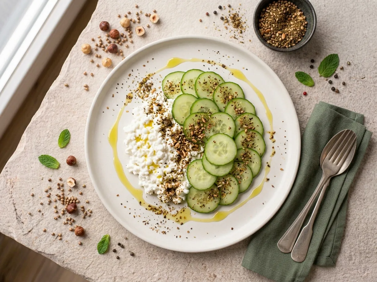 Hüttenkäse mit Gurke und Dukkah