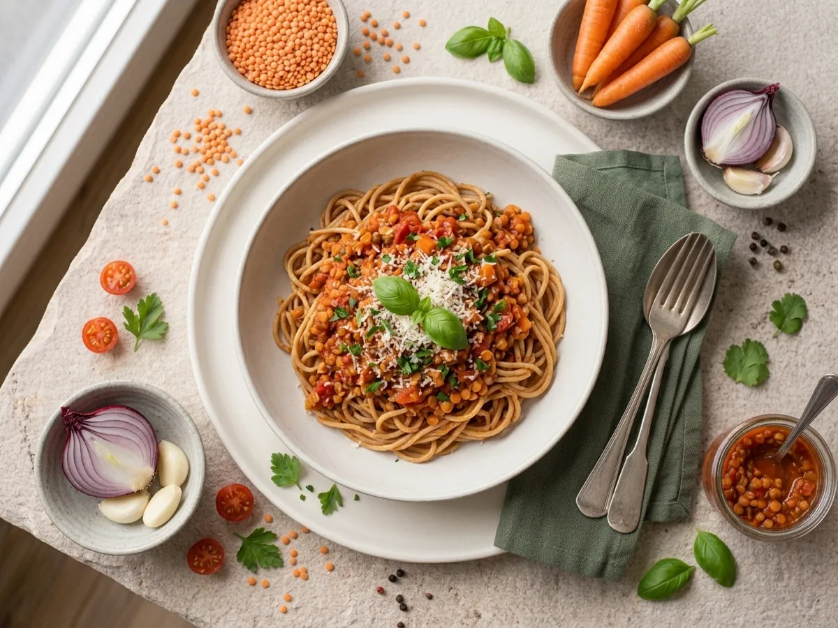 Linsen-Bolognese mit Vollkornspaghetti