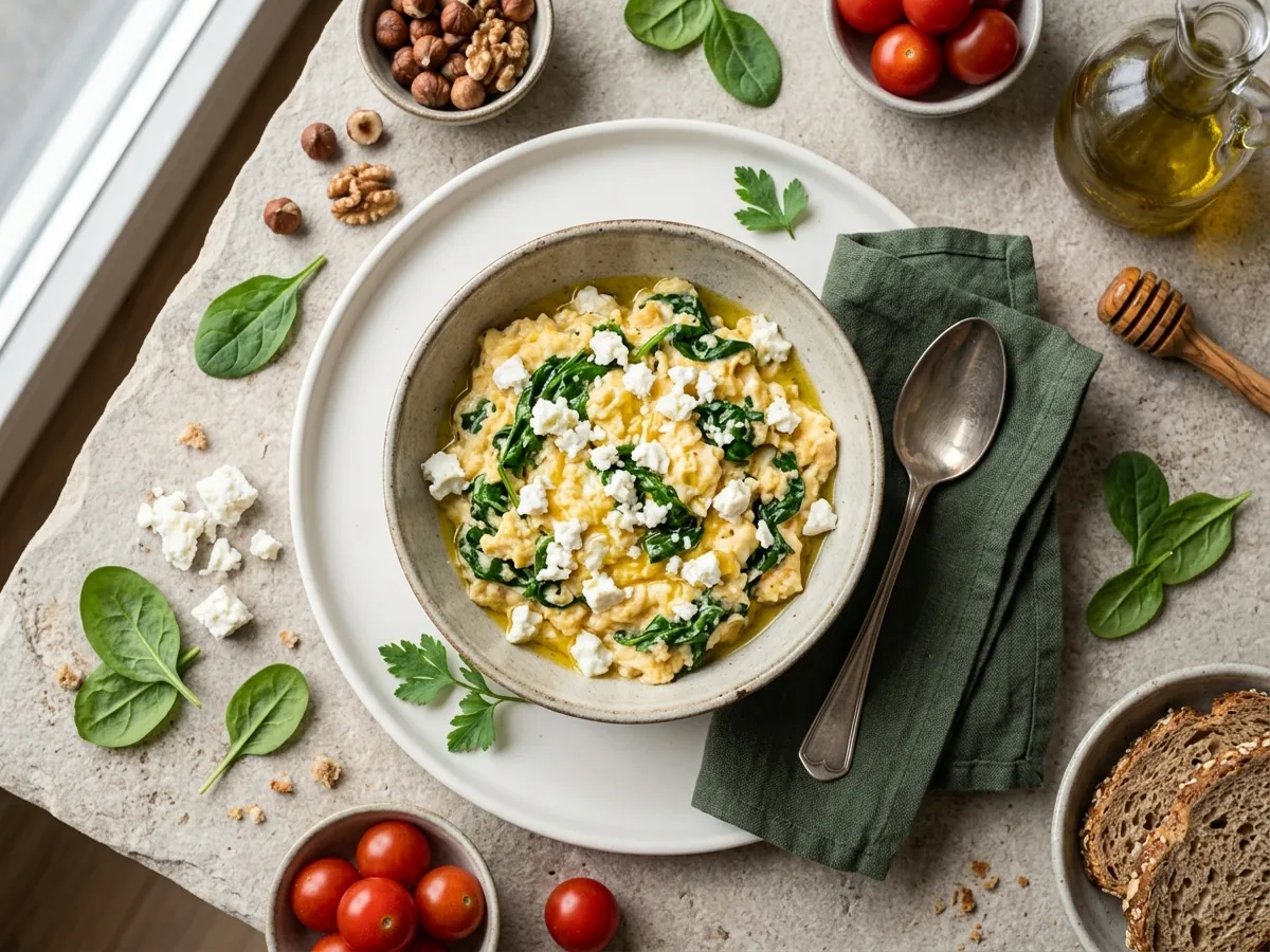 Cremiges Rührei mit Feta, Spinat und Vollkornbrot