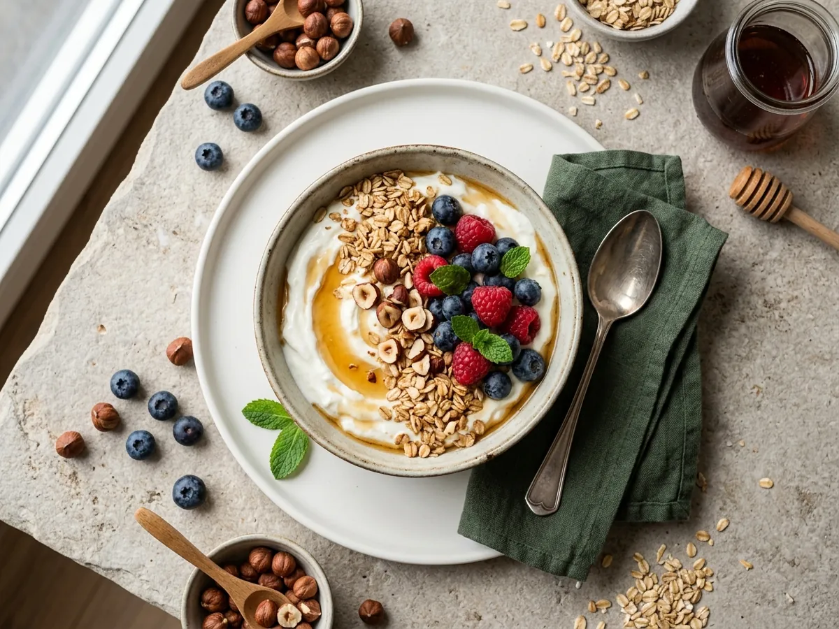 Skyr-Bowl mit gerösteten Haferflocken und Beeren