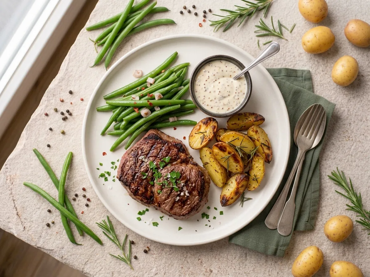 Rindsteak mit grünen Bohnen, Senfsauce und Ofenkartoffeln
