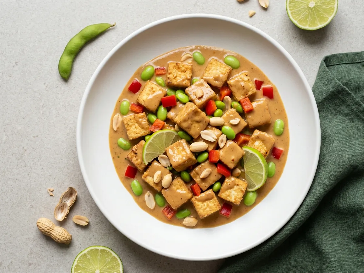 Knuspriger Tofu mit Erdnuss-Limetten-Sauce und Edamame