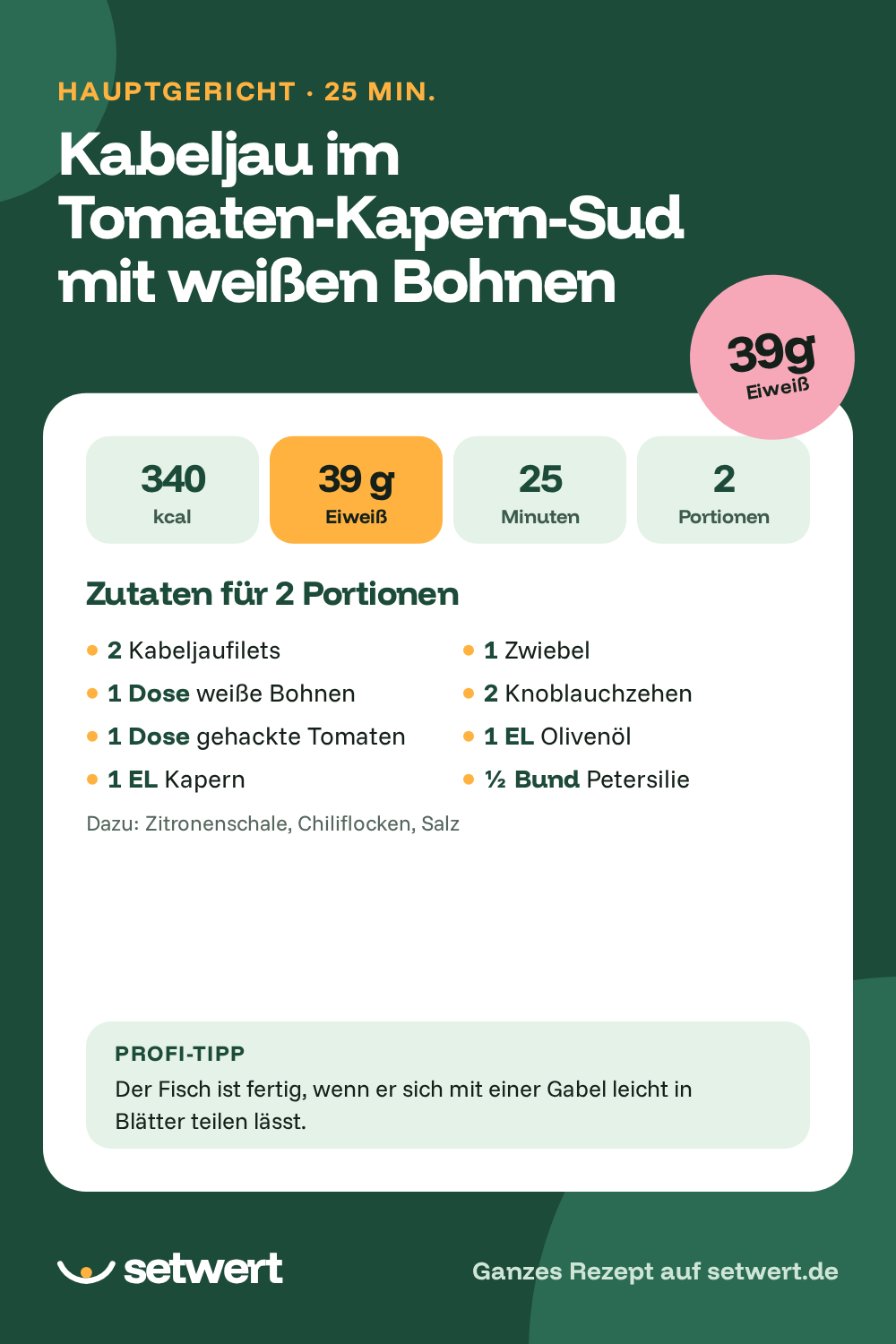 Rezeptkarte: Kabeljau im Tomaten-Kapern-Sud mit weissen Bohnen